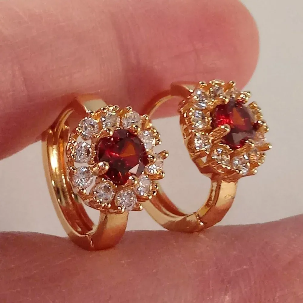 18K Yellow Gold Filled Flower Garnet Red Diamond Zircon Hoop Huggie Earrings